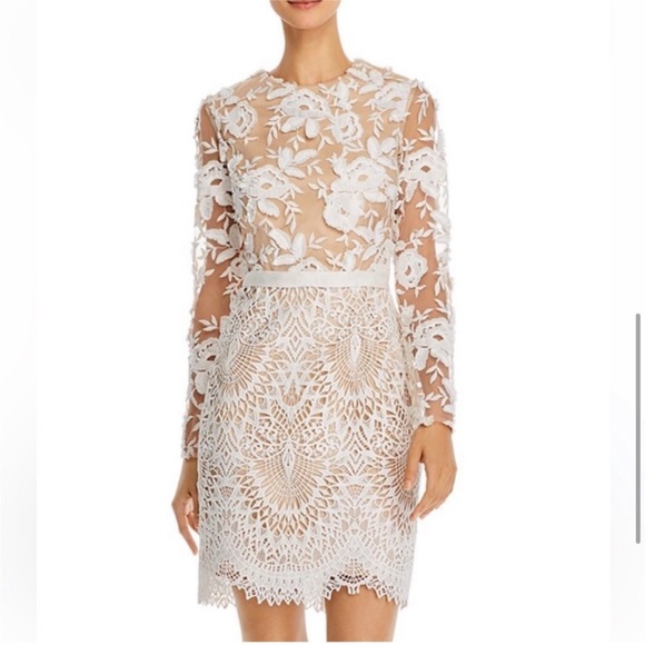 ML Monique Lhuillier White & Beige nude Lacey Cocktail formal Dress xs 3D Sz 2 - Picture 9 of 17